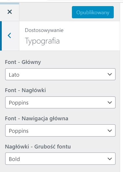 Typografia witryny w ustawieniach customizera WordPress