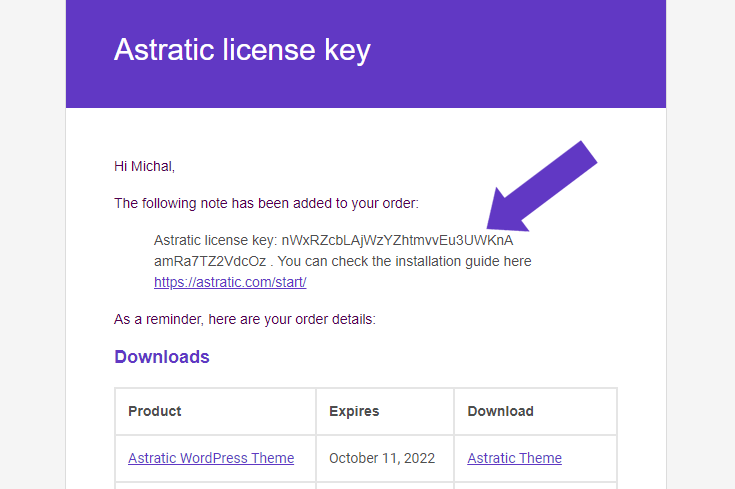Instrukcja instalacji motywu Astratic - wygenerowany klucz licencyjny