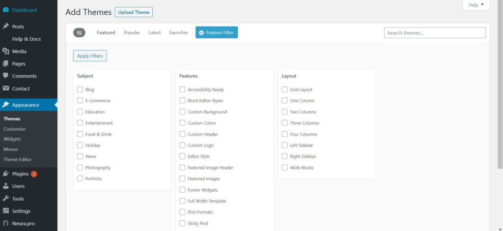 "Feature Filter" option in WordPress admin panel