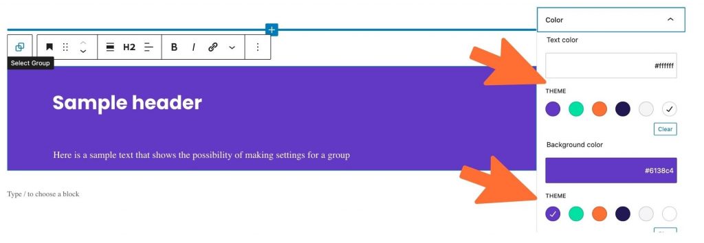 Group function in the Gutenberg editor