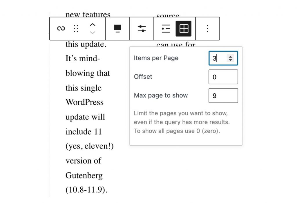 Query loop display parameters in the top bar