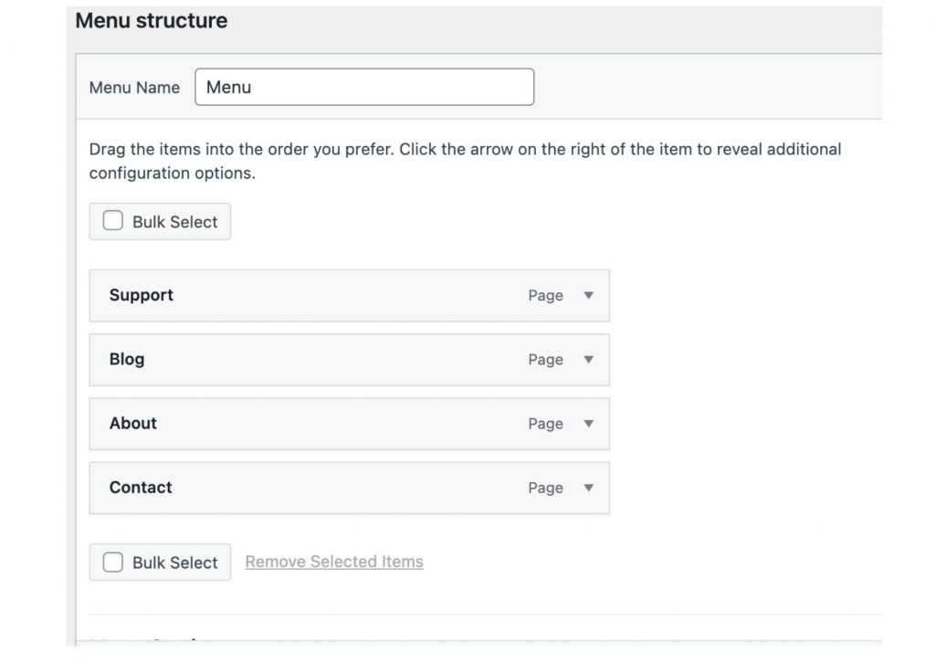 
Menu tab in the WordPress admin panel